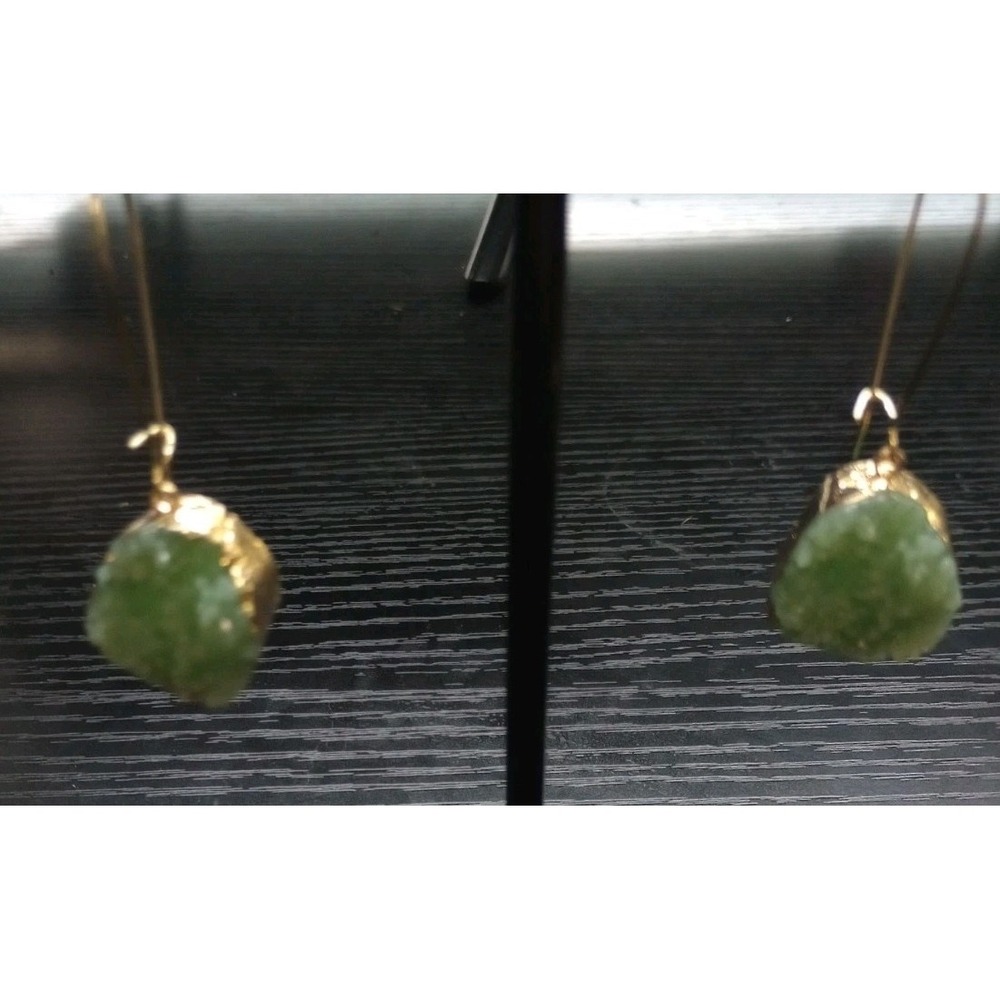 Green‎ Druzy Quartz Dangle Earrings Gold Tone Electroformed Artisan Boho